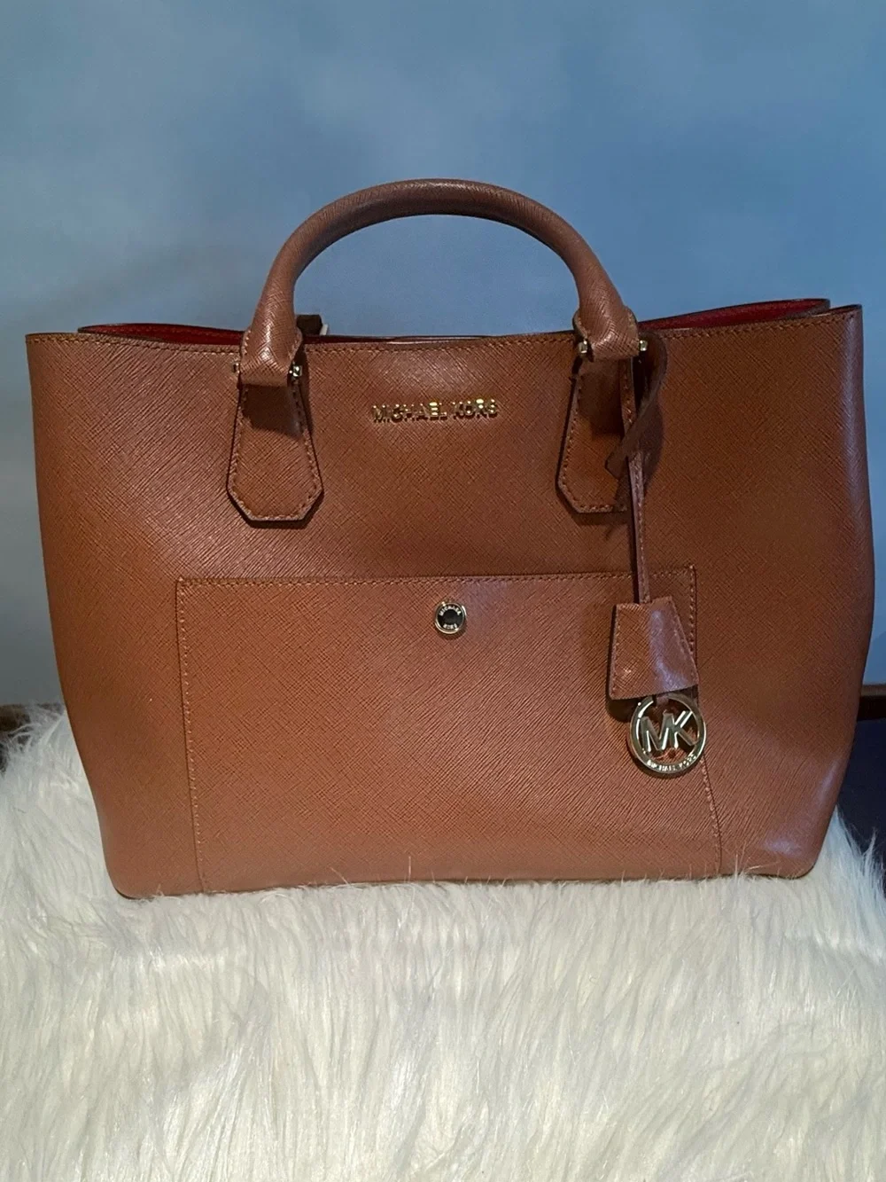 Michael Kors Cognac Saffiano Leather Satchel with Gold Hardware